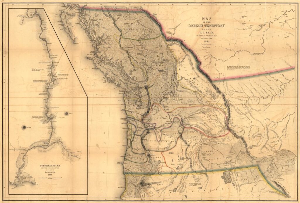 A hand-colored 19th-century manuscript map of the Oregon Territory, showing the Pacific coastline, river systems, and interior terrain from the mouth of the Columbia River to the Rocky Mountain foothills. The international boundary with British possessions is marked in pink along the northern edge. An inset at left details the Columbia River's course, reduced from a survey made by the expedition in 1841.