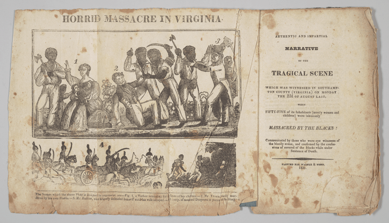 A woodcut divided into four numbered scenes depicting imagined scenes from Nat Turner's rebellion, including violence against a family, an attack on Joseph Travis, a man defending himself, and armed forces pursuing the rebels.