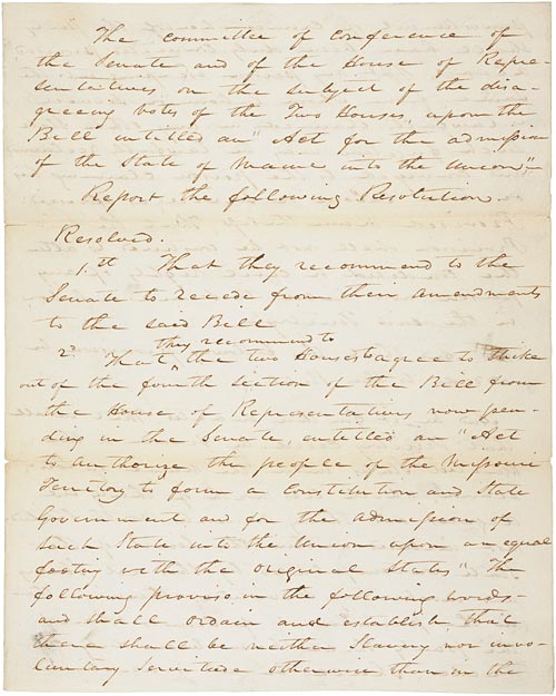 A handwritten 19th-century government document on aged paper, showing the conference committee’s report on the Missouri Compromise bill, with formal script and official markings from the Joint Committee of Conference.