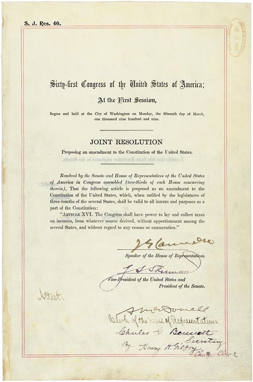 Historical documents associated with the ratification of the Sixteenth Amendment.