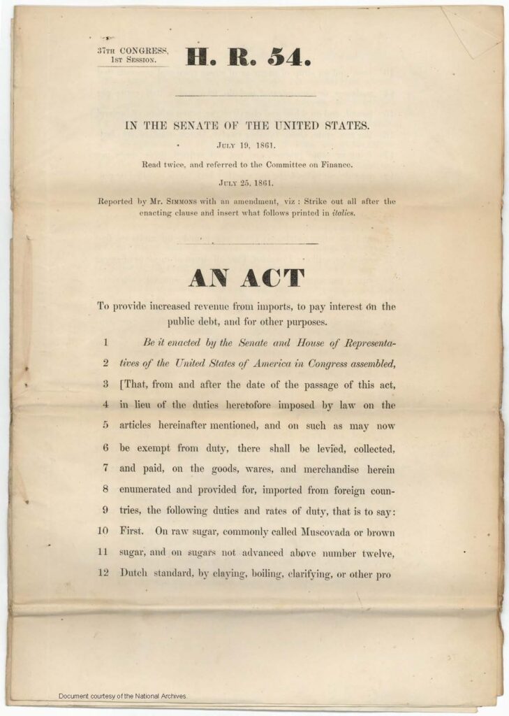 First page of the Revenue Act of 1861 establishing the nation's first federal income tax.