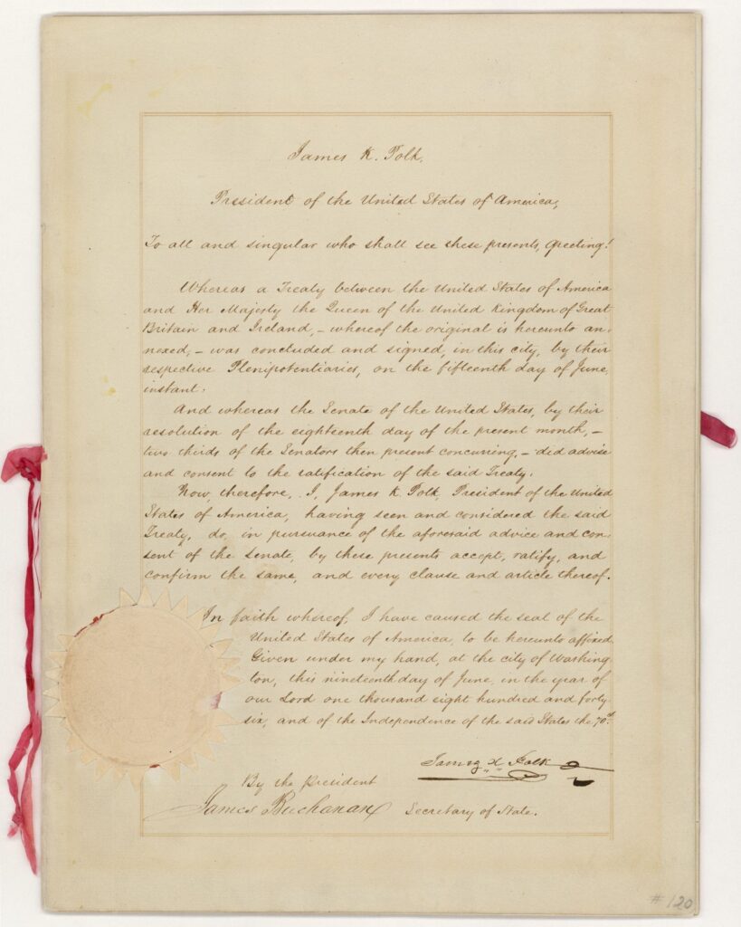 A nineteenth-century treaty document with formal diplomatic language and signatures, preserved among the General Records of the United States Government.