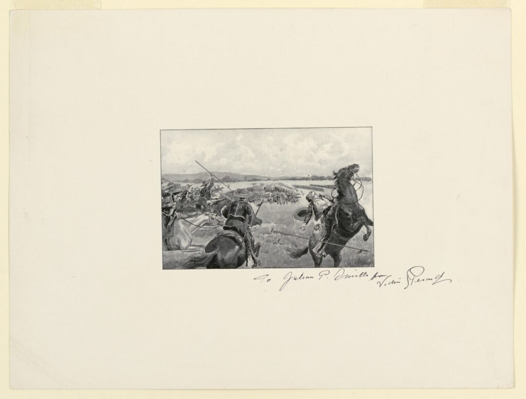 A pen-and-ink illustration of a Mexican-American War cavalry charge, with a soldier falling from his horse in the foreground and massed troops and artillery engaged in the distance.