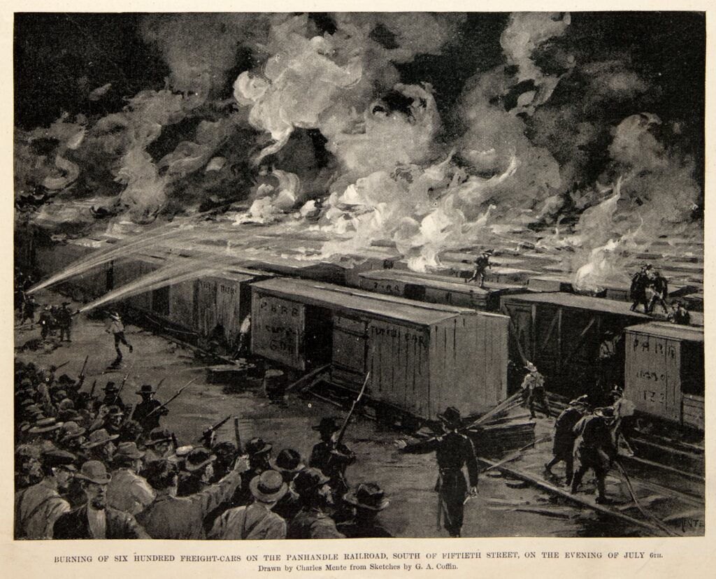 A period illustration of burned and burning freight cars lining the Panhandle Railroad south of Fiftieth Street in Chicago on the evening of July 6, 1894.