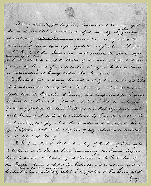 A page of 19th-century handwritten manuscript text in ink, listing numbered resolutions concerning the admission of California and the organization of territory acquired from Mexico.