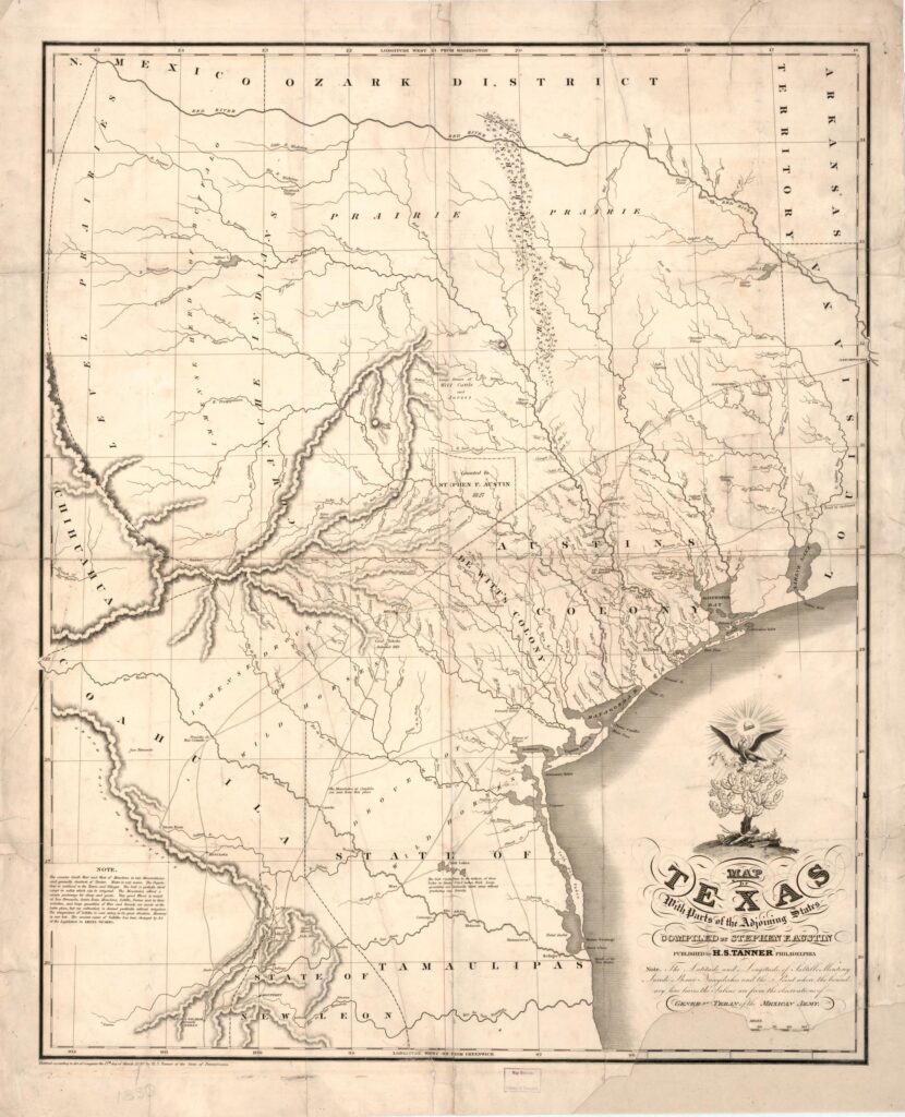 An 1830 map of Texas, drawn by Stephen F. Austin and published by Henry Schenck Tanner, showing the colony's boundaries between the Brazos and Colorado rivers.