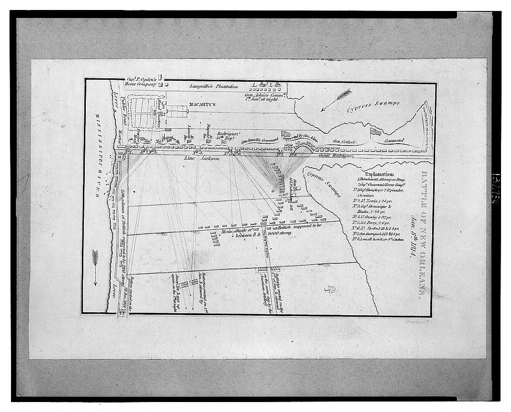 A period print depicting the Battle of New Orleans, showing American defensive lines engaging advancing British troops.
