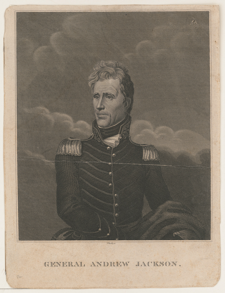 A period engraved portrait of Andrew Jackson in military dress, from the era of his command in the Creek War and the War of 1812.