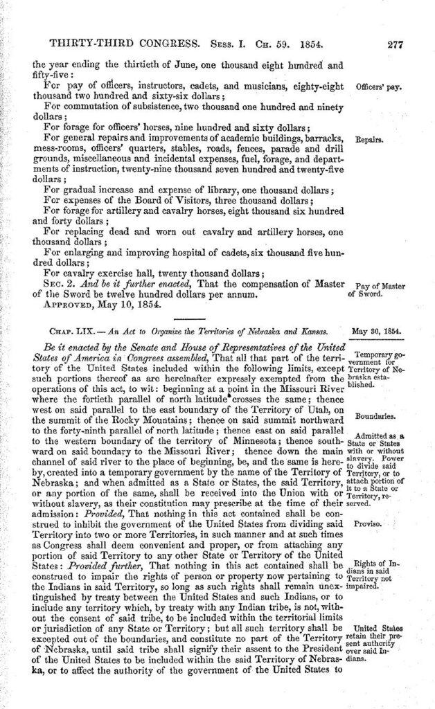 The first page of the enrolled Kansas-Nebraska Act of 1854, from the U.S. Statutes at Large.