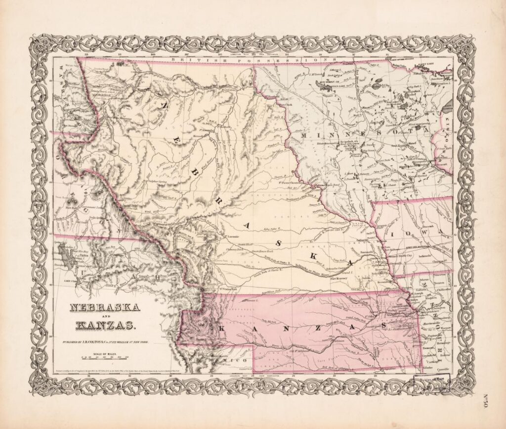 An 1855–56 map showing the newly organized Nebraska and Kansas Territories at their full original extent, with Native nations' lands — including Pawnee, Osage, Sioux, and Comanche — marked across the region.
