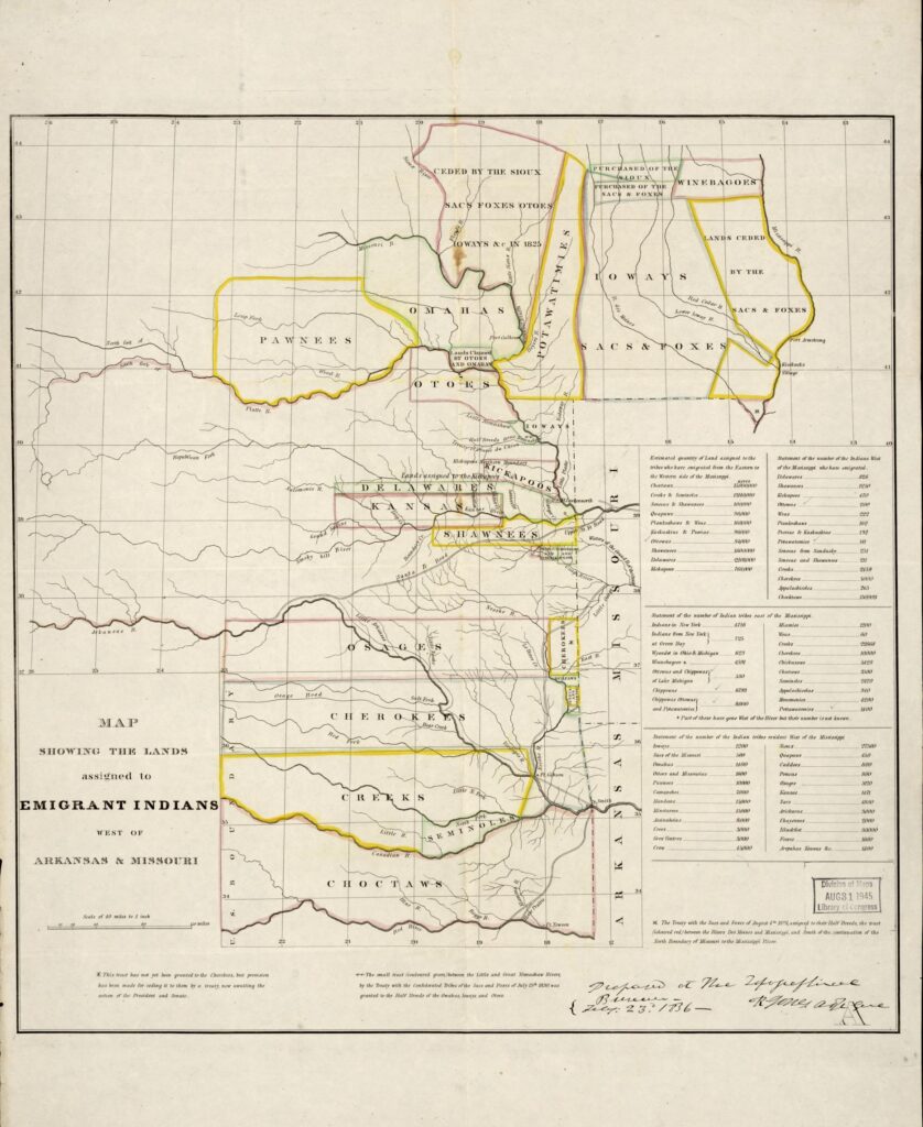 A 19th-century federal map of Indian Territory, showing the tracts of land assigned to the Cherokee, Choctaw, Muscogee (Creek), Chickasaw, and other removed nations west of Arkansas and Missouri.