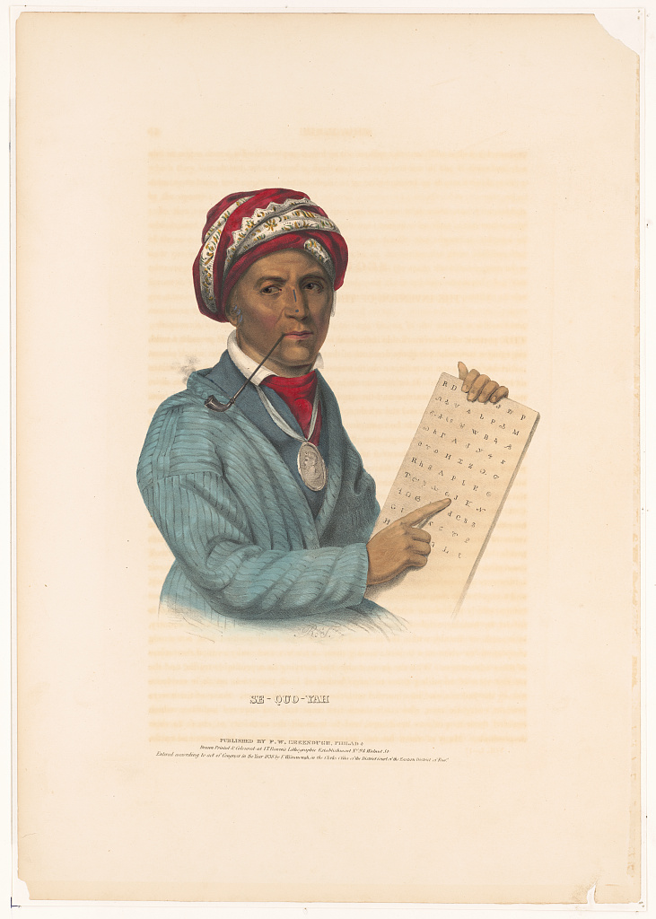 A period lithograph portrait of Sequoyah, holding a tablet showing the Cherokee syllabary he developed.