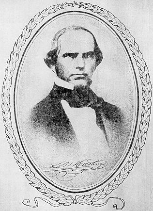 A black-and-white portrait engraving of Lansford W. Hastings, reproduced from his 1845 guidebook.