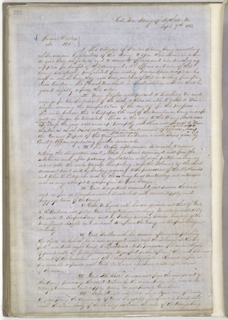 A handwritten copy of a Confederate order dividing General Robert E. Lee's army into separate columns during the 1862 Maryland Campaign.
