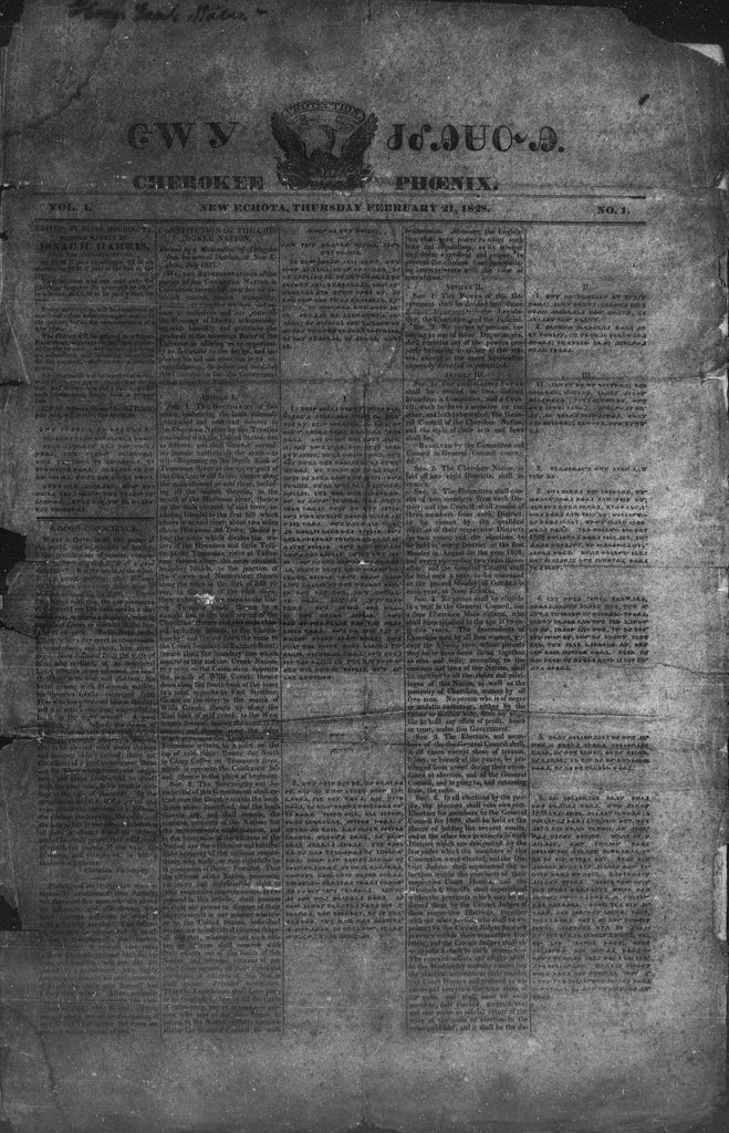 The first page of the first issue of the Cherokee Phoenix, with columns of text printed in English and in the Cherokee syllabary.