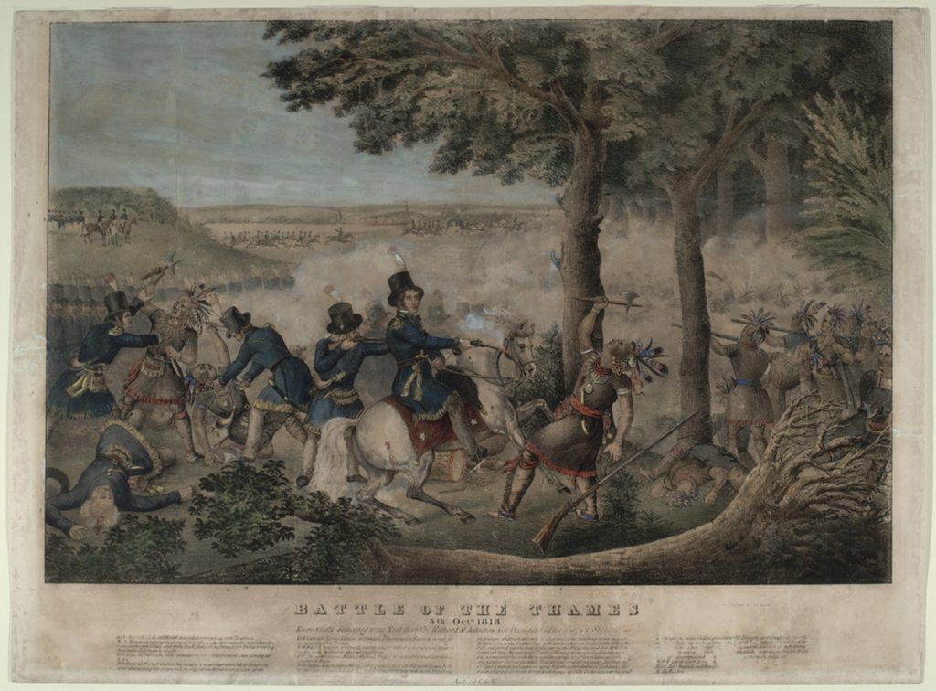 Colored print depicting a battle between Indigenous warriors and American soldiers. At center, a man on a white horse, identified in the print as Colonel Richard M. Johnson, fires a pistol at a warrior identified as Tecumseh, who raises a tomahawk.
