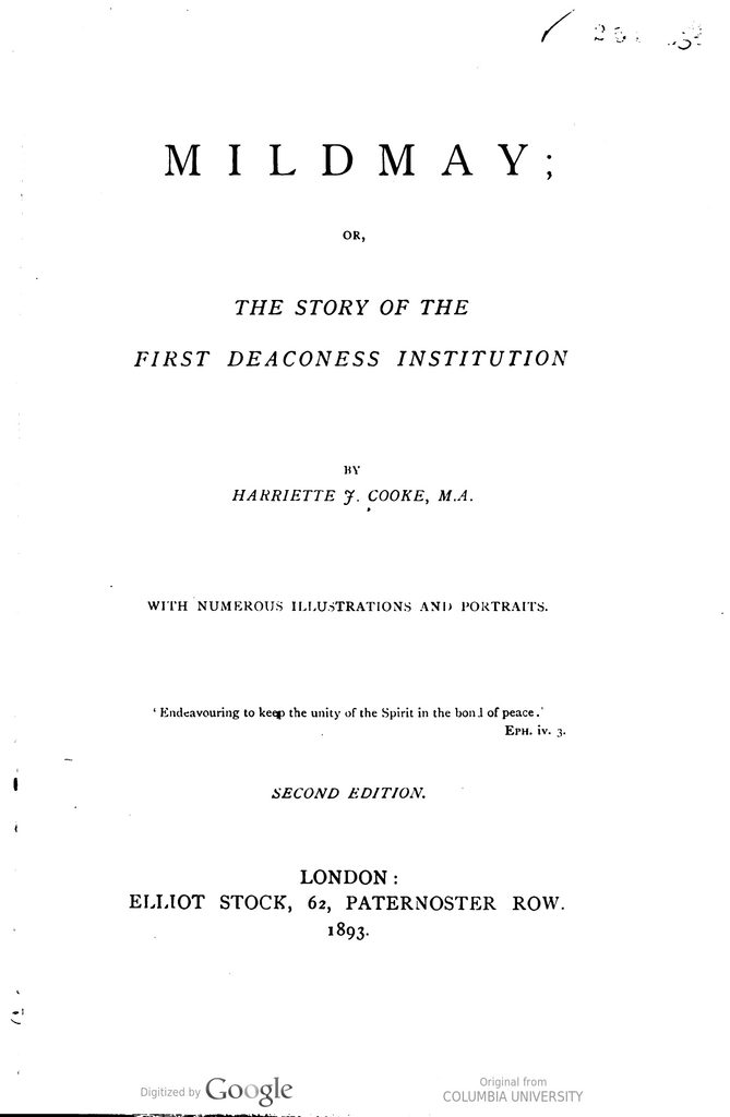 The printed title page of Harriette J. Cooke’s 1893 book about the Mildmay deaconess institution in London.