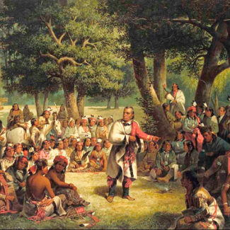 Illustration of Native Indians interacting with American settlers